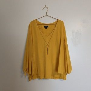 Thalia Sodi Mustard Sheer Long Sleeve Blouse With Neck Detail XL